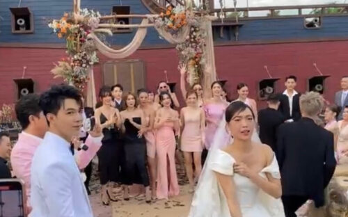 Diệu Nhi gặp sự cố đứt dây váy cưới khi tung hoa