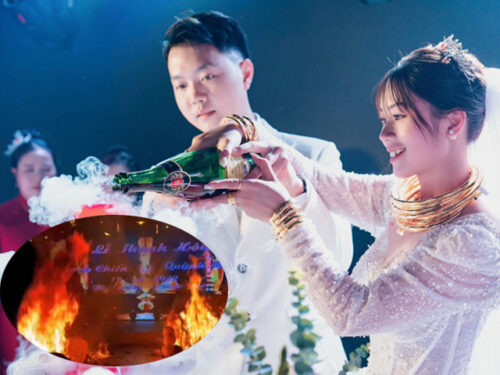 Đám cưới "độc lạ" nhất Việt Nam: Cô dâu chú rể đang làm lễ thì sân khấu bùng cháy