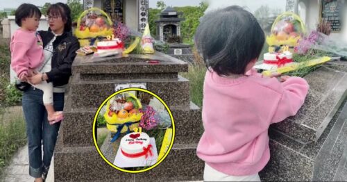 Chồng qua đời, người vợ đưa con nhỏ ra thăm mộ chúc mừng sinh nhật bố