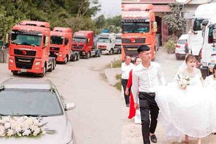 Màn rước dâu độc lạ bằng 20 xe đầu kéo gây xôn xao ở Hà Tĩnh