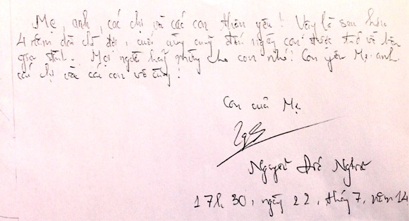 Bức thư cuối cùng Nghĩa viết trước giờ thi hành án tử hình