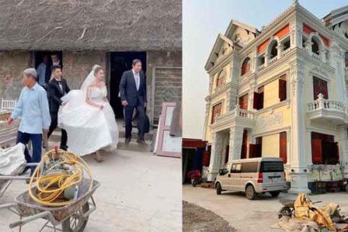 Cô dâu làm đám cưới ở nhà tranh đơn sơ, kế bên là biệt thự khủng khiến CĐM xôn xao