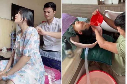 Cảm động hình ảnh chàng trai không chân Tô Đình Khánh gội đầu cho vợ