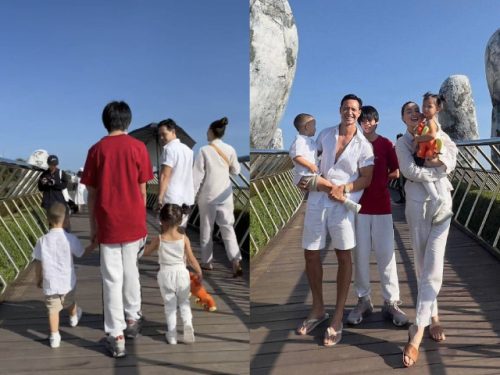 Subeo ra dáng anh cả bên 2 em song sinh nhưng bẽn lẽn nép sau Kim Lý