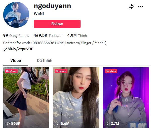 kênh tiktok của ca sĩ woni