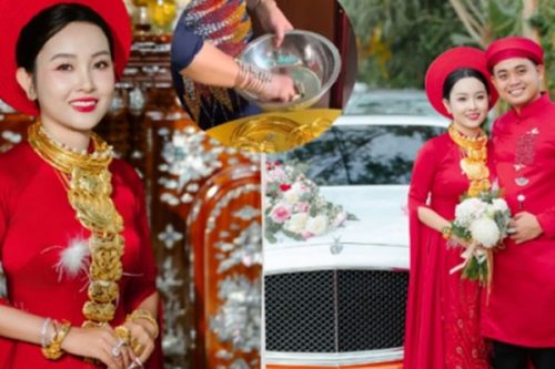 mẹ cô dâu mang thau ra đựng vàng