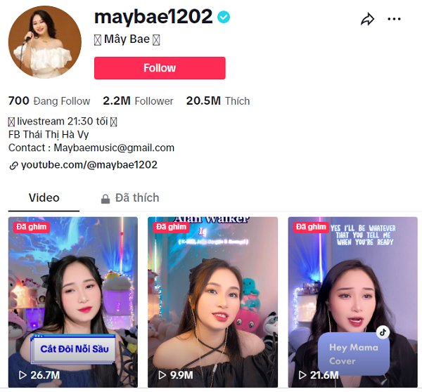 kênh tiktok của mây bae