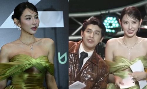 Thùy Tiên đứng hình khi làm rơi "phụ tùng" lúc trao giải cùng Noo Phước Thịnh