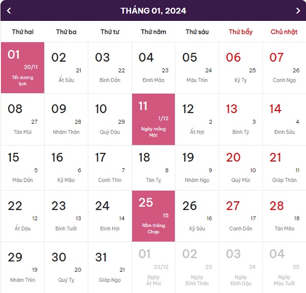 lịch âm dương tháng 1 năm 2024