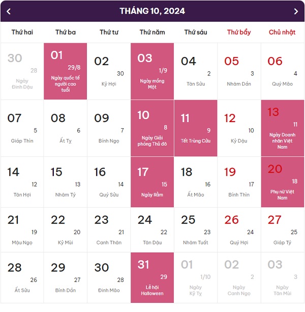 lịch âm dương tháng 10 năm 2024