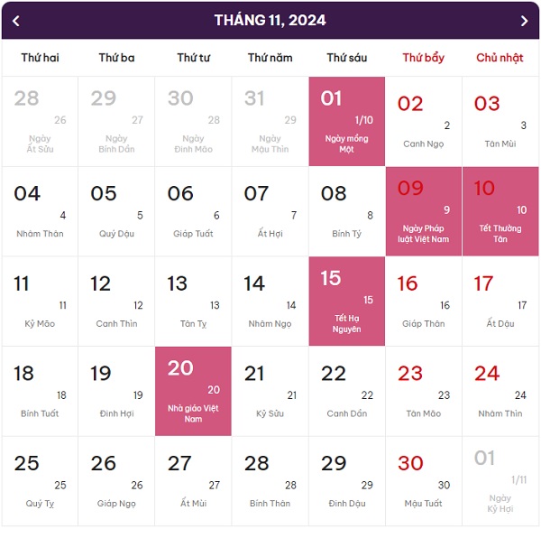 lịch âm dương tháng 11 năm 2024