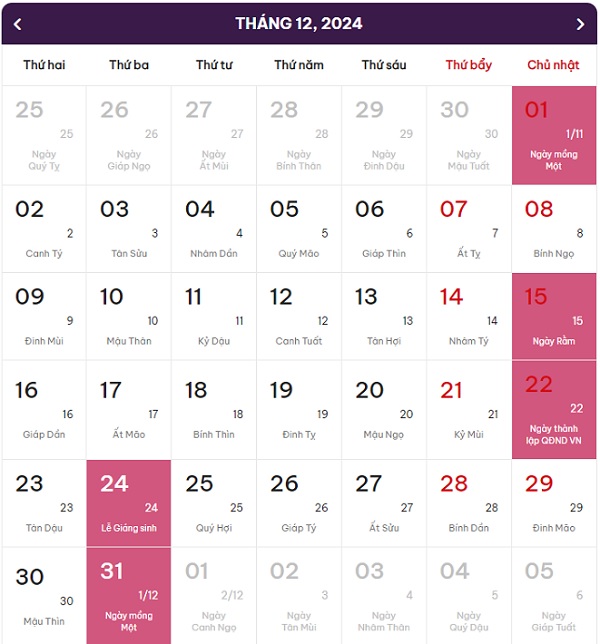 lịch âm dương tháng 12 năm 2024