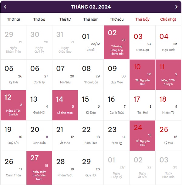 lịch âm dương tháng 2 năm 2024