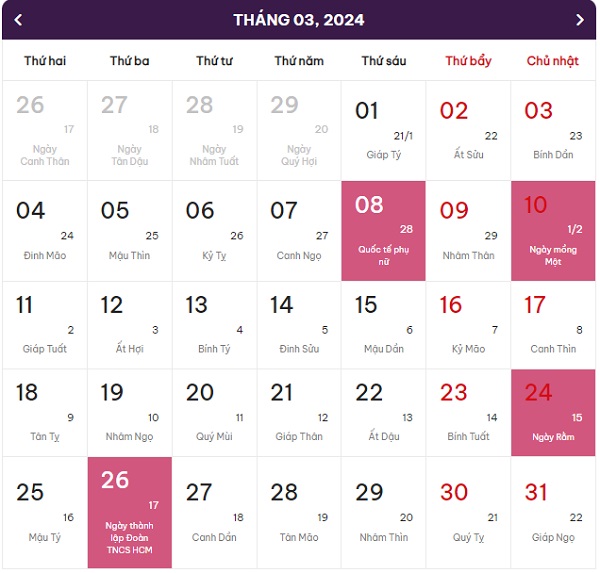 lịch âm dương tháng 3 năm 2024