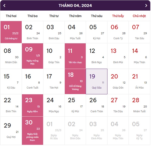 lịch âm dương tháng 4 năm 2024