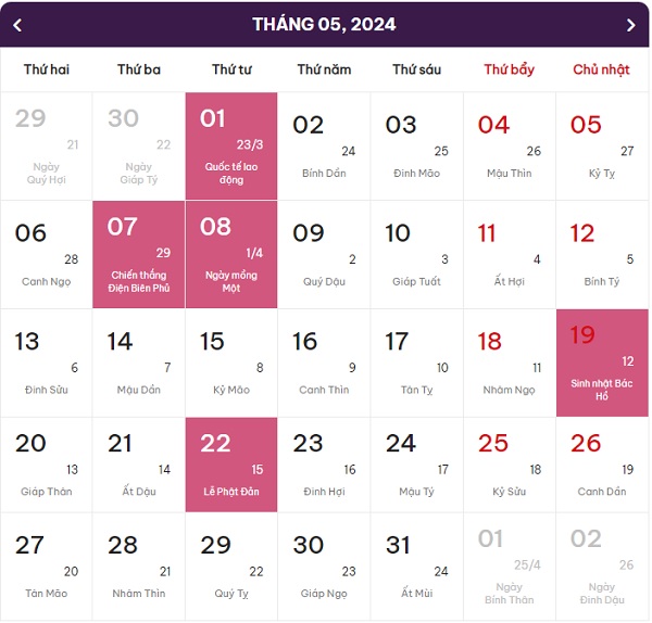lịch âm dương tháng 5 năm 2024