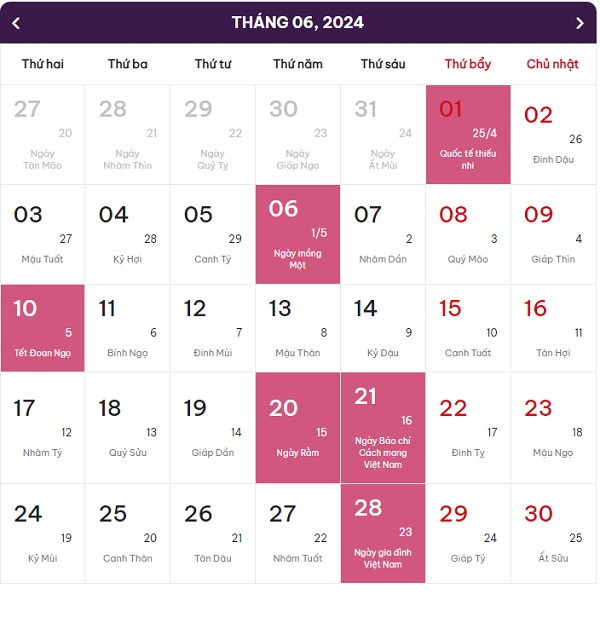 lịch âm dương tháng 6 năm 2024