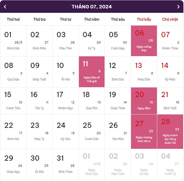 lịch âm dương tháng 7 năm 2024
