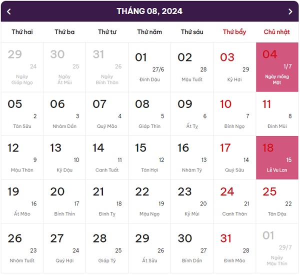 lịch âm dương tháng 8 năm 2024