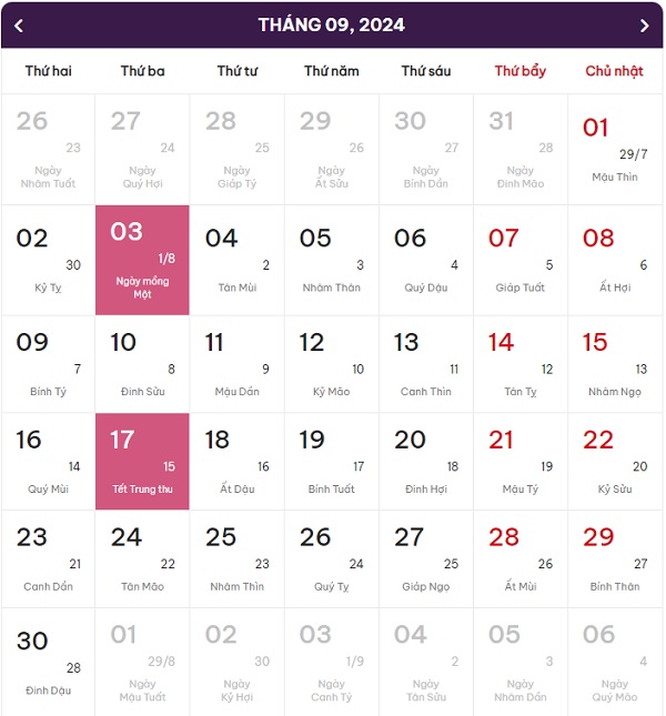 lịch âm dương tháng 9 năm 2024