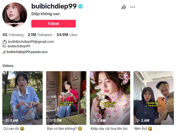 kênh tiktok của diệp