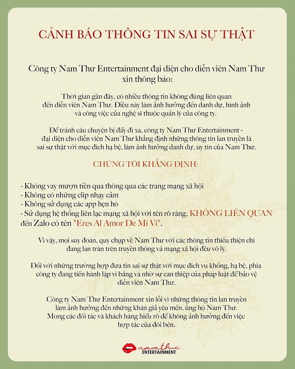 nam thư lên tiếng phủ nhận tiểu tam