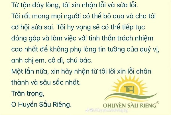 o huyền sầu riêng lên tiếng xin lỗi