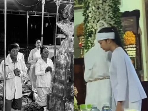 Hoa hậu Ngọc Châu suy sụp quỳ trước linh cữu mẹ