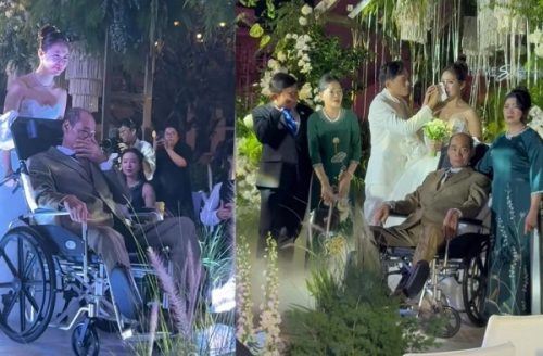 Việt Phương Thoa khóc nghẹn, đẩy xe lăn cùng bố tiến vào lễ đường trong đám cưới