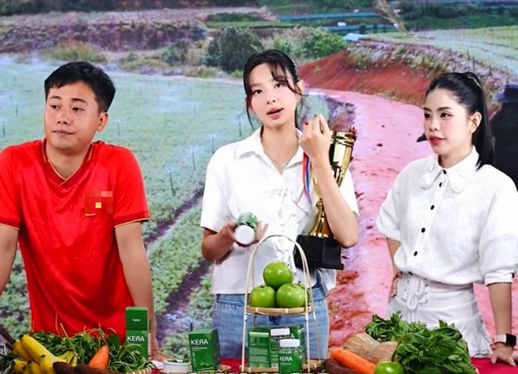Hoa hậu Thùy Tiên (giữa) quảng cáo viên rau củ cùng Quang Linh Vlogs và Hằng Du Mục - Ảnh cắt từ clip Hoa hậu Thùy Tiên (giữa) quảng cáo viên rau củ cùng Quang Linh Vlogs và Hằng Du Mục - Ảnh cắt từ clip