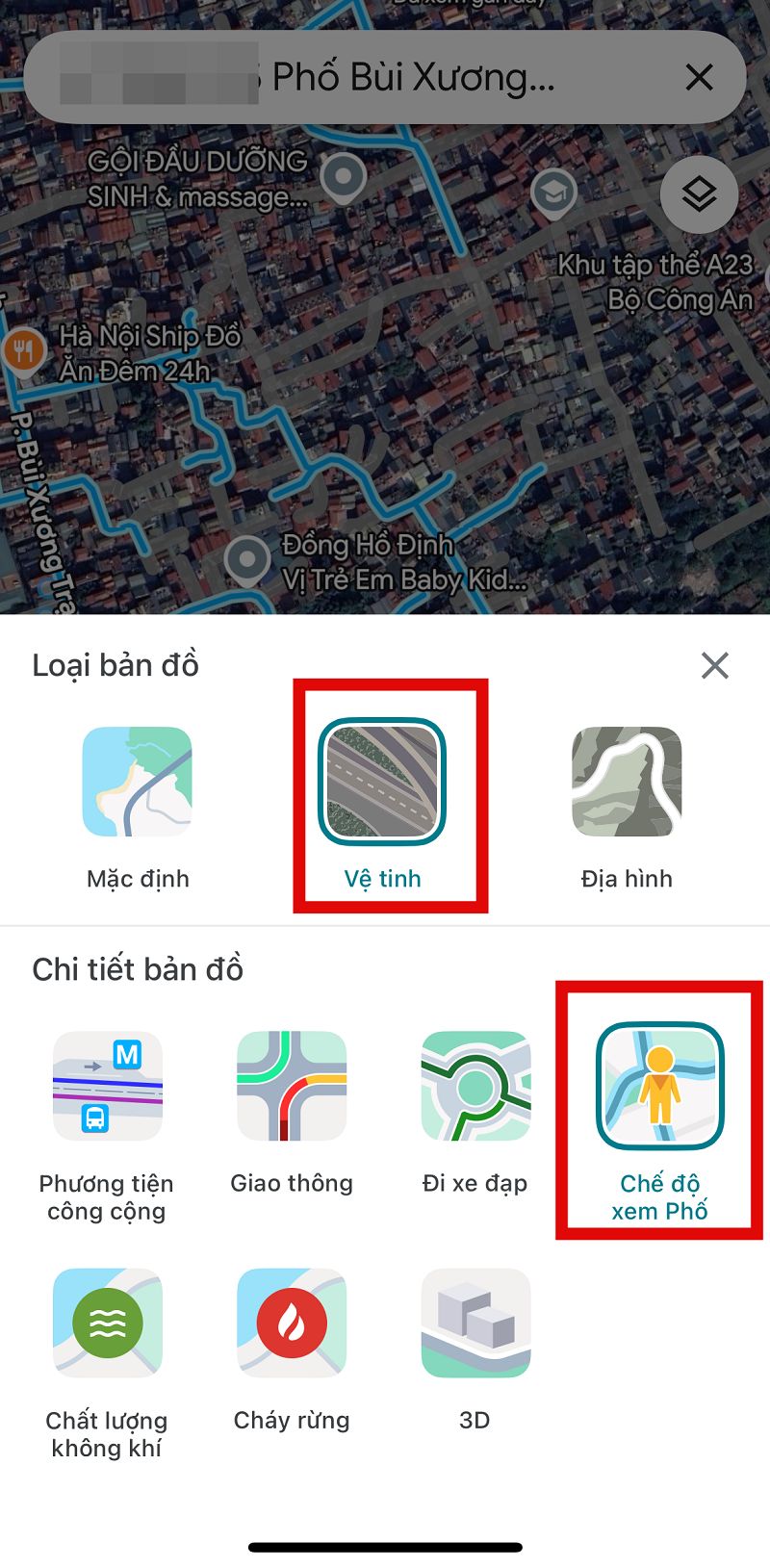 Lựa chọn bản đồ Vệ tinh và Chế độ xem phố Lựa chọn bản đồ Vệ tinh và Chế độ xem phố