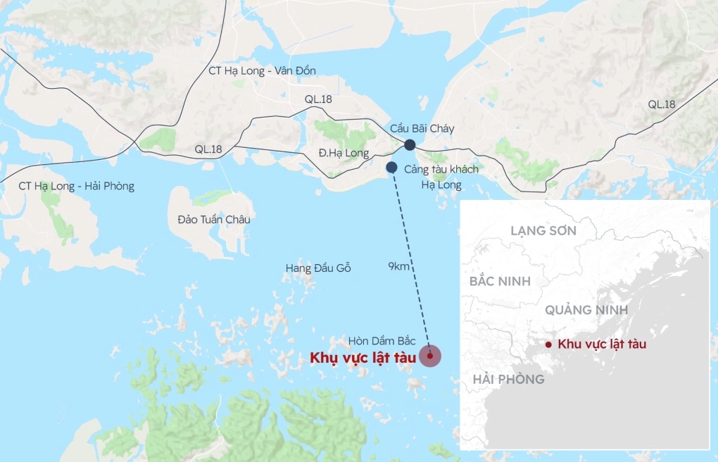 Vị trí tàu chở 53 người chìm cách bến cảng tàu khách Hạ Long khoảng 9 km Vị trí tàu chở 53 người chìm cách bến cảng tàu khách Hạ Long khoảng 9 km